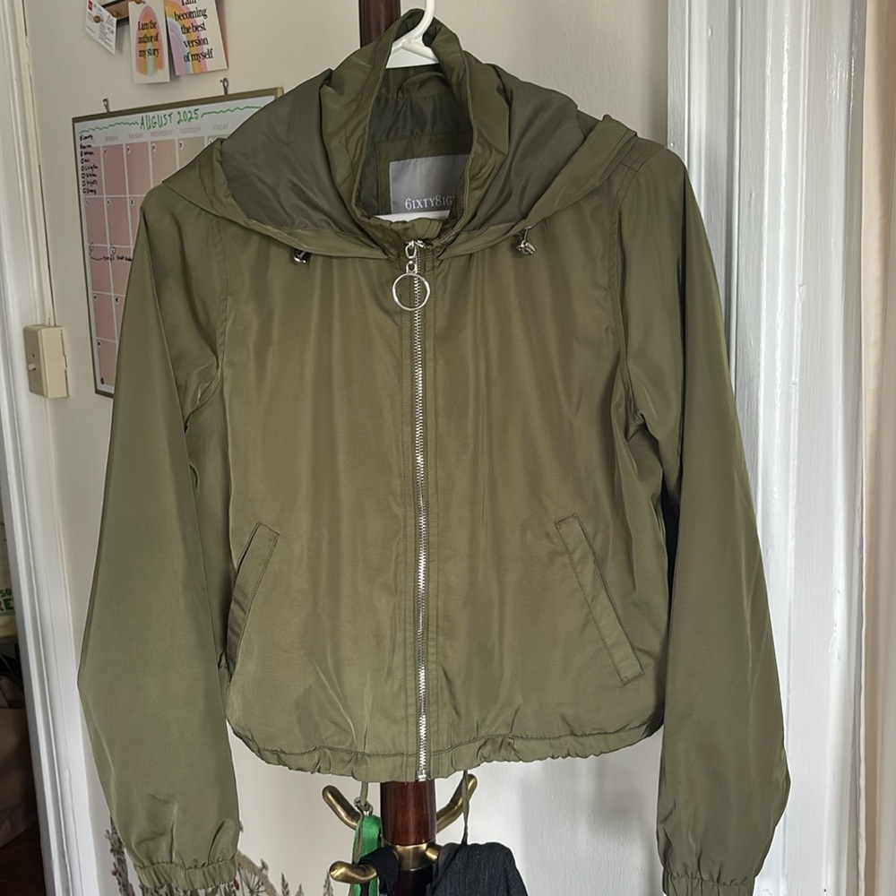 Sixty Eight M Army Green Crop Bomber Jacket Hooded Shell Lined Zip Up